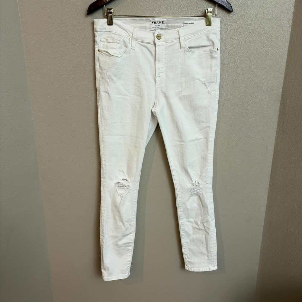 FRAME Le Skinny de Jeanne Crop Jeans 32 White‎ Distressed Denim Skinny Fit